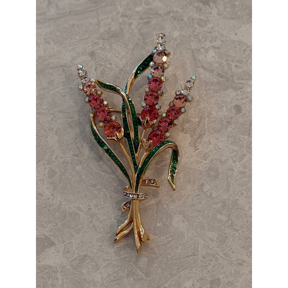 Gold Tone Pink Rhinestone Flower Bouquet Brooch Floral Pin Green Enamel 3.5 Inch